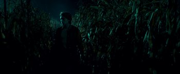 Movie still from “Scary Stories to Tell in the Dark” (2019), directed by André Øvredal – A man standing in front of a bush at night; Medium shot, Low angle