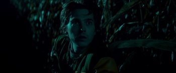 Movie still from “Scary Stories to Tell in the Dark” (2019), directed by André Øvredal – A young man in a dark forest looking into the camera; Close Up shot, Low angle