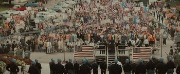 Movie still from “Selma” (2014), directed by Ava DuVernay – A crowd of people are gathered in a parking lot; Extreme Wide shot, High angle