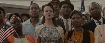 Movie still from “Selma” (2014), directed by Ava DuVernay – A group of men and women standing next to each other; Medium shot, High angle