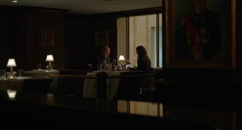 Movie still from “She Said” (2022), directed by Maria Schrader – A man and a woman sitting at a dinner table; Wide shot, Over the shoulder angle