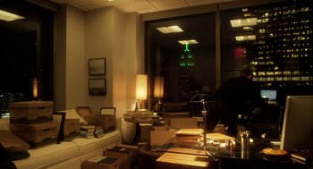 Movie still from “Side Effects” (2013), directed by Steven Soderbergh – A living room filled with lots of furniture and a large window; Extreme Wide shot, High angle