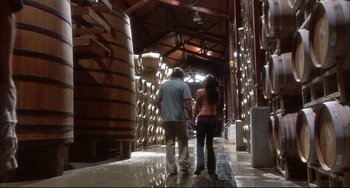 Movie still from “Sideways” (2004), directed by Alexander Payne – A man and a woman walking through a warehouse; Wide shot, Low angle