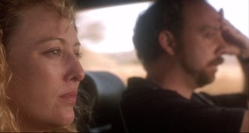 Movie still from “Sideways” (2004), directed by Alexander Payne – A woman sitting in a car next to a man in a car; Close Up shot, Over the shoulder angle