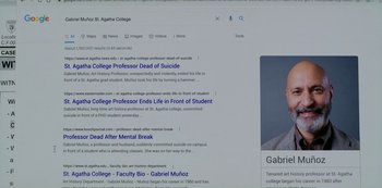Movie still from “Smile” (2022), directed by Parker Finn – A computer screen showing a search for a college professor dead of suicide; Extreme Close Up shot, High angle