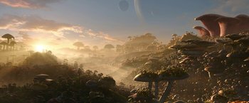 Movie still from “Sonic the Hedgehog 2” (2022), directed by Jeff Fowler – An image of an alien landscape with a bunch of mushrooms; Extreme Wide shot, High angle