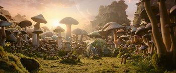 Movie still from “Sonic the Hedgehog 2” (2022), directed by Jeff Fowler – A bunch of mushrooms that are in the grass; Extreme Wide shot, High angle