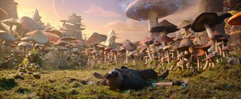 Movie still from “Sonic the Hedgehog 2” (2022), directed by Jeff Fowler – Many mushrooms in a field; Wide shot, High angle