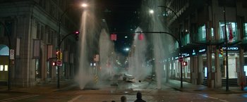 Movie still from “Sonic the Hedgehog 2” (2022), directed by Jeff Fowler – A couple of water spouts coming out of the ground; Extreme Wide shot, High angle