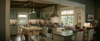 Movie still from “Sonic the Hedgehog 2” (2022), directed by Jeff Fowler – A kitchen filled with lots of counter space and appliances; Wide shot, Low angle