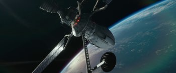 Movie still from “Sonic the Hedgehog 2” (2022), directed by Jeff Fowler – An image of a space station in the middle of the earth; Extreme Wide shot, Overhead angle