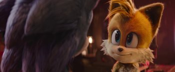 Movie still from “Sonic the Hedgehog 2” (2022), directed by Jeff Fowler – The head and face of an animated character; Close Up shot, Over the shoulder angle