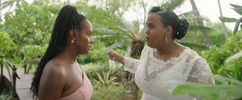 Movie still from “Sonic the Hedgehog 2” (2022), directed by Jeff Fowler – Two women are arguing in a garden setting; Close Up shot, Over the shoulder angle