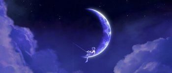 Movie still from “Spirit: Stallion of the Cimarron” (2002), directed by Lorna Cook – A man is sitting on a moon with a fishing pole; Extreme Wide shot, Overhead angle
