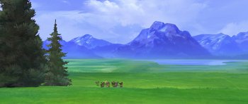 Movie still from “Spirit: Stallion of the Cimarron” (2002), directed by Lorna Cook – An oil painting of cows grazing in a green field; Extreme Wide shot, High angle