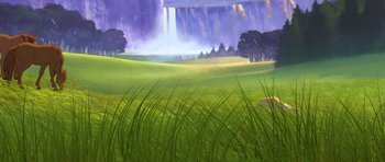 Movie still from “Spirit: Stallion of the Cimarron” (2002), directed by Lorna Cook – An oil painting of a grassy field with a waterfall in the background; Extreme Wide shot, Low angle