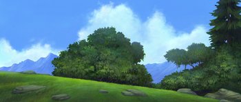Movie still from “Spirit: Stallion of the Cimarron” (2002), directed by Lorna Cook – An oil painting of a grassy field with trees in the background; Extreme Wide shot, Low angle