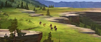 Movie still from “Spirit: Stallion of the Cimarron” (2002), directed by Lorna Cook – A group of people riding horses across a lush green field; Extreme Wide shot, High angle