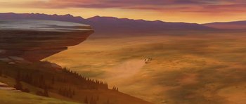 Movie still from “Spirit: Stallion of the Cimarron” (2002), directed by Lorna Cook – An oil painting of an airplane flying over a valley; Extreme Wide shot, Low angle