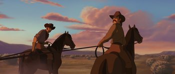 Movie still from “Spirit: Stallion of the Cimarron” (2002), directed by Lorna Cook – Two men on horses in the middle of the desert; Wide shot, Low angle