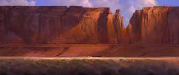 Movie still from “Spirit: Stallion of the Cimarron” (2002), directed by Lorna Cook – A painting of a desert landscape with mountains in the background; Extreme Wide shot, Low angle