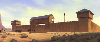Movie still from “Spirit: Stallion of the Cimarron” (2002), directed by Lorna Cook – A painting of an old western town with a fence; Extreme Wide shot, Low angle