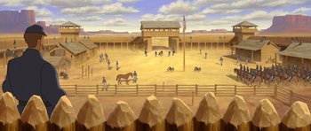 Movie still from “Spirit: Stallion of the Cimarron” (2002), directed by Lorna Cook – A painting of an old western town with horses and people; Extreme Wide shot, High angle