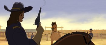 Movie still from “Spirit: Stallion of the Cimarron” (2002), directed by Lorna Cook – A horse and a man in the middle of a cowboy scene; Medium shot, Over the shoulder angle