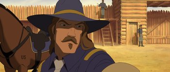 Movie still from “Spirit: Stallion of the Cimarron” (2002), directed by Lorna Cook – An animated picture of a man with a hat; Close Up shot, Over the shoulder angle
