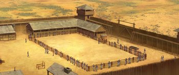 Movie still from “Spirit: Stallion of the Cimarron” (2002), directed by Lorna Cook – An illustration of people standing in a fenced in area; Extreme Wide shot, High angle