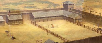 Movie still from “Spirit: Stallion of the Cimarron” (2002), directed by Lorna Cook – A painting of a horse in an enclosed pen; Extreme Wide shot, High angle