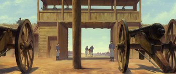 Movie still from “Spirit: Stallion of the Cimarron” (2002), directed by Lorna Cook – An oil painting of men playing a game of baseball; Extreme Wide shot, Low angle
