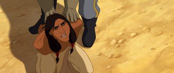 Movie still from “Spirit: Stallion of the Cimarron” (2002), directed by Lorna Cook – An image of an animated character being held down by another character; Close Up shot, Over the shoulder angle