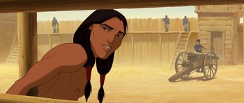 Movie still from “Spirit: Stallion of the Cimarron” (2002), directed by Lorna Cook – An animated picture of a man with long black hair; Medium shot, Over the shoulder angle