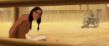 Movie still from “Spirit: Stallion of the Cimarron” (2002), directed by Lorna Cook – An animated picture of an indian man looking out of a window; Medium shot, Over the shoulder angle