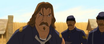 Movie still from “Spirit: Stallion of the Cimarron” (2002), directed by Lorna Cook – A cartoon picture of a man with a mustache and a beard; Close Up shot, Over the shoulder angle