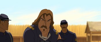 Movie still from “Spirit: Stallion of the Cimarron” (2002), directed by Lorna Cook – Two men are standing next to each other; Close Up shot, Low angle