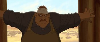 Movie still from “Spirit: Stallion of the Cimarron” (2002), directed by Lorna Cook – An animated picture of a man with a bandage on his head; Close Up shot, Low angle