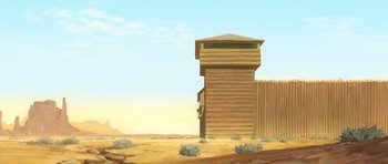 Movie still from “Spirit: Stallion of the Cimarron” (2002), directed by Lorna Cook – An illustration of a wooden tower in the middle of a desert; Extreme Wide shot, Low angle