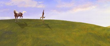 Movie still from “Spirit: Stallion of the Cimarron” (2002), directed by Lorna Cook – A person jumping in the air on a skateboard in a grassy field; Extreme Wide shot, Low angle