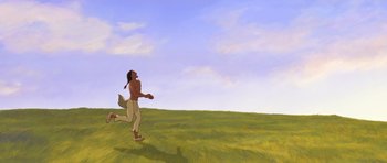 Movie still from “Spirit: Stallion of the Cimarron” (2002), directed by Lorna Cook – An animated man running across a grassy field; Wide shot, Low angle