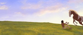 Movie still from “Spirit: Stallion of the Cimarron” (2002), directed by Lorna Cook – An oil painting of a grassy field with a sky background; Extreme Wide shot, Low angle