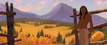 Movie still from “Spirit: Stallion of the Cimarron” (2002), directed by Lorna Cook – An illustration of a mountain with trees in the background; Extreme Wide shot, Low angle