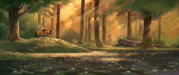 A painting of a pond in the woods with water lilies floating on it