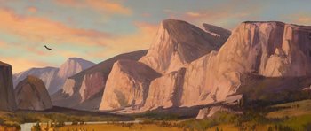 Movie still from “Spirit: Stallion of the Cimarron” (2002), directed by Lorna Cook – A painting of a mountain range with a sky background; Extreme Wide shot, Low angle