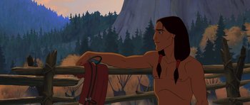 Movie still from “Spirit: Stallion of the Cimarron” (2002), directed by Lorna Cook – An animated picture of a man holding a backpack; Medium shot, Over the shoulder angle