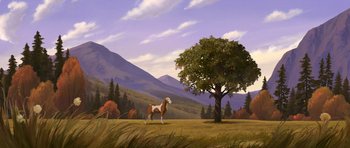 Movie still from “Spirit: Stallion of the Cimarron” (2002), directed by Lorna Cook – A painting of a horse standing next to a tree in a field; Extreme Wide shot, Low angle