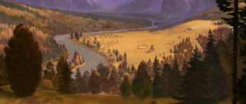 Movie still from “Spirit: Stallion of the Cimarron” (2002), directed by Lorna Cook – An oil painting of an area with a river and mountains in the background; Extreme Wide shot, High angle