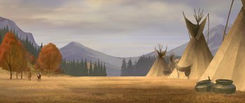 Movie still from “Spirit: Stallion of the Cimarron” (2002), directed by Lorna Cook – An artistic painting of a teepee in the middle of a field; Extreme Wide shot, Low angle