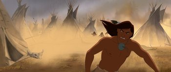 Movie still from “Spirit: Stallion of the Cimarron” (2002), directed by Lorna Cook – An animated scene of a native american with teepees in the background; Medium shot, Over the shoulder angle